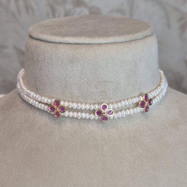 Pretty 2Line White Baroque Pearls Choker With SP Ruby Pendants-1