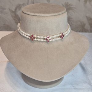 Pretty 2Line White Baroque Pearls Choker With SP Ruby Pendants