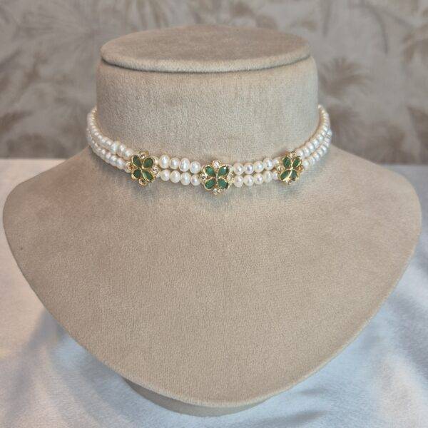 Elegant 2Line White Roundish Pearls Choker With SP Emerald Pendants