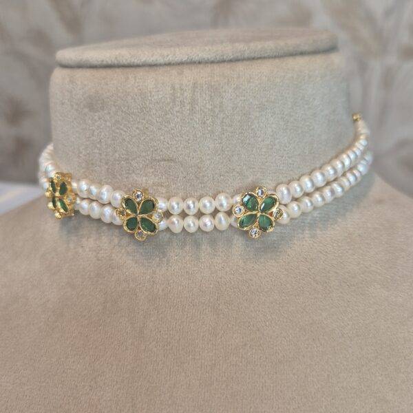 Elegant 2Line White Roundish Pearls Choker With SP Emerald Pendants-1