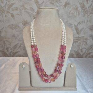 Opulent 2Line Double Knotted White Pearl Necklace With Pinkish Agate Beads