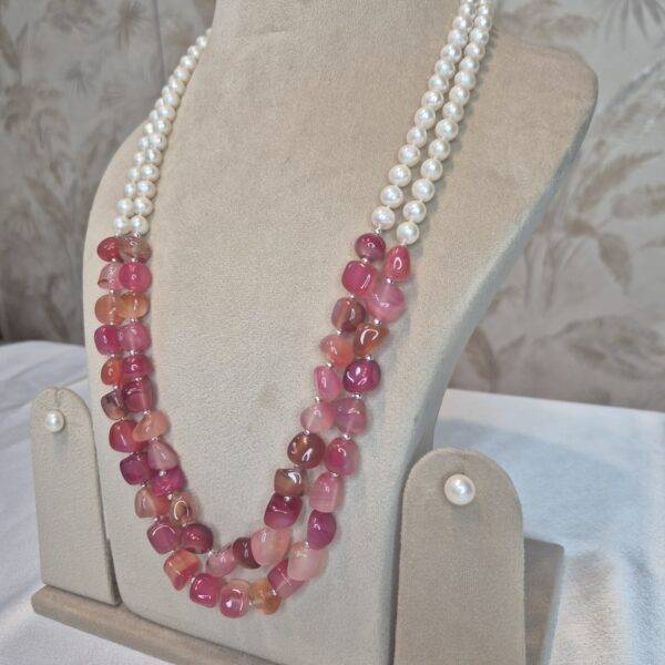 Opulent 2Line Double Knotted White Pearl Necklace With Pinkish Agate Beads-1