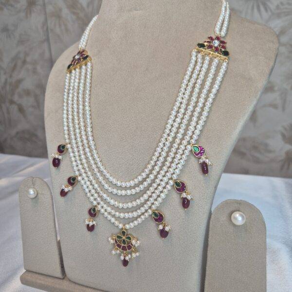 Exquisite 5Layer White Pearl 22Inch Long Necklace With Kemp Pendants-1