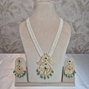 Timeless 20Inch Long 3Line White Pearls Necklace With Polki Peacock Pendant