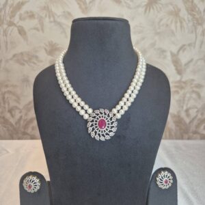 Luxurious 7.5mm White Round Pearl 2Line Necklace With CZ & SP Ruby Pendant