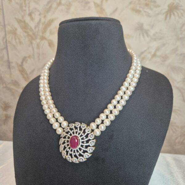 Luxurious 7.5mm White Round Pearl 2Line Necklace With CZ & SP Ruby Pendant-1