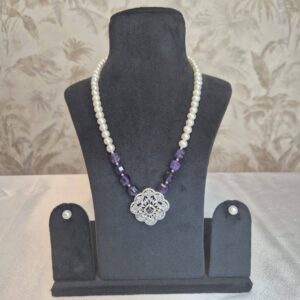 Glimmering White Pearl 18Inch Necklace With SP Amethyst Beads & CZ Pendant