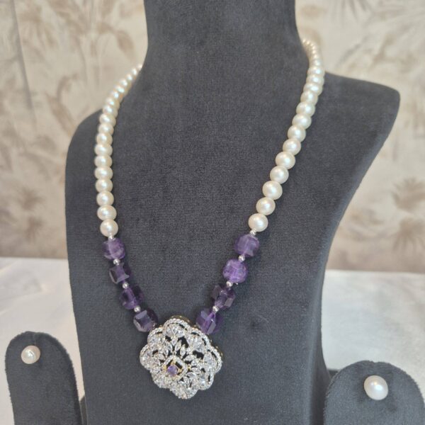 Glimmering White Pearl 18Inch Necklace With SP Amethyst Beads & CZ Pendant