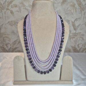 Regal Multi-Layer Light Purple Pearls 27Inch Long Necklace With SP Amethyst Beads