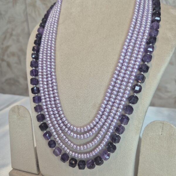 Regal Multi-Layer Light Purple Pearls 27Inch Long Necklace With SP Amethyst Beads-1