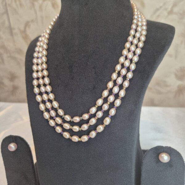 Dazzling 3-Layer 19Inch Long Necklace With Pink Pearls & CZ Rainbow Crystals